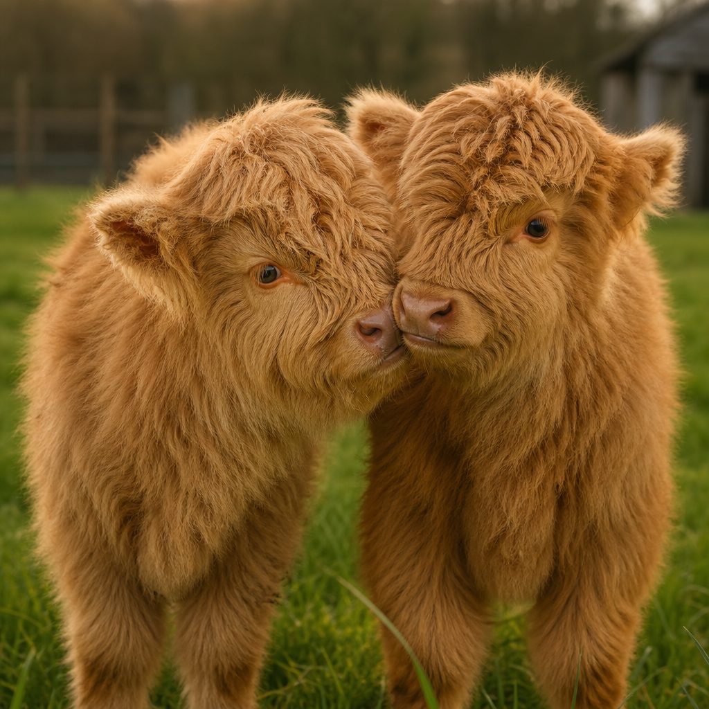 Say hello to Ava and Baxter, a perfectly paired duo of Miniature Highland calves raised together with love and care at Mary Highland Cattle Farm.